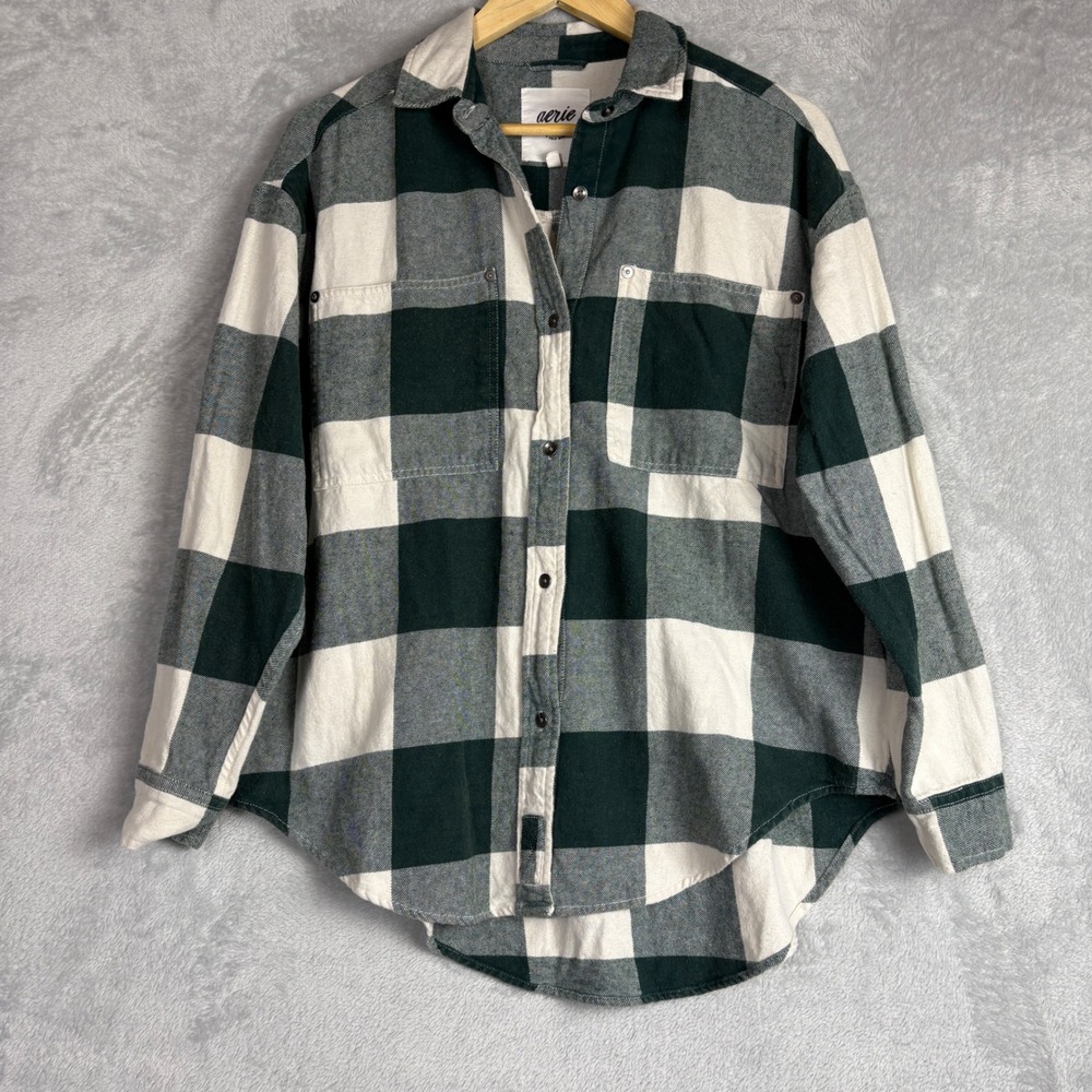 Aerie Womens Oversized Flannel Shirt‎ Green Cream Plaid Button Down XXS Comfy